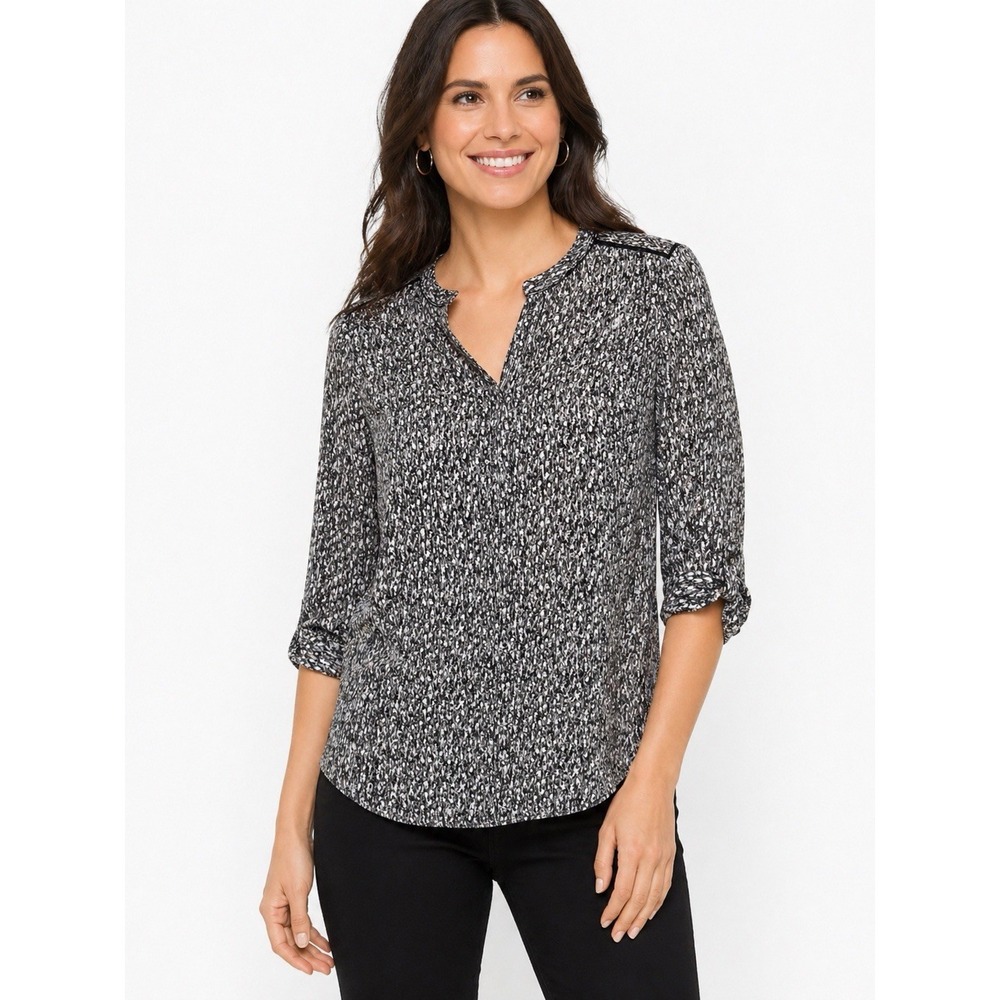 Talbots Petites LP Black White Animal Print Blouse‎ Lace Trim 3/4 Sleeve Career